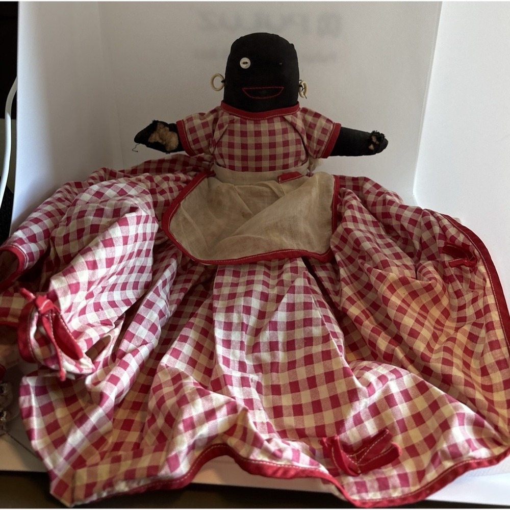 Vintage Handmade Primitive Folk Art Cloth Doll Red Plaid Dress Toaster Cover